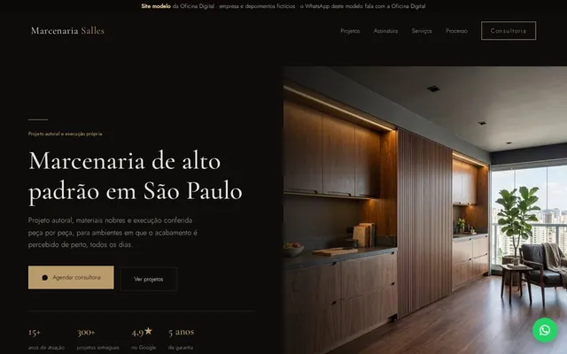 Modelo de site para marcenaria, estilo premium escuro