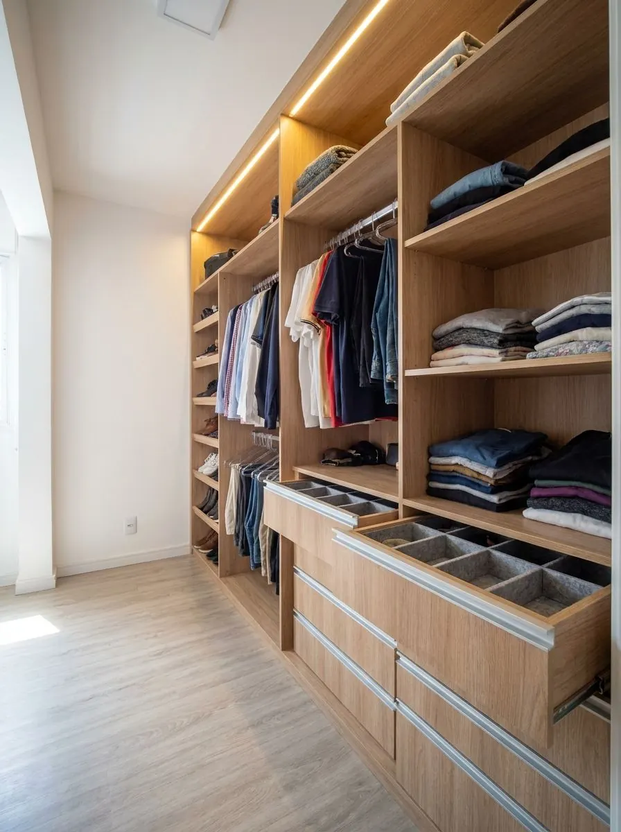 Closet aberto planejado com prateleiras, cabideiros e gavetas